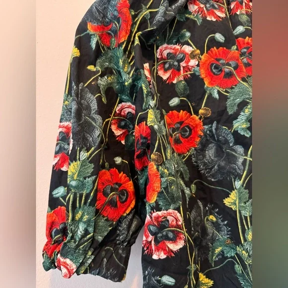 Black Red Poppy Floral Blouse Puff Sleeve Romantic Top Size 6 - Picture 7 of 9